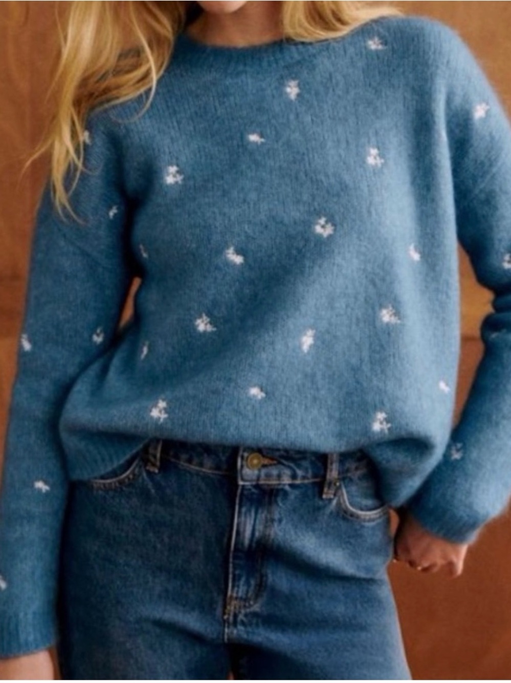 Sezane Cornflower Blue Crewneck Sweater with Floral Detailing Sz XS